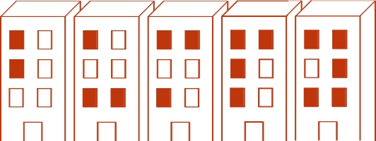 A series of buildings each with a 2x3 grid of windows, some of which are open